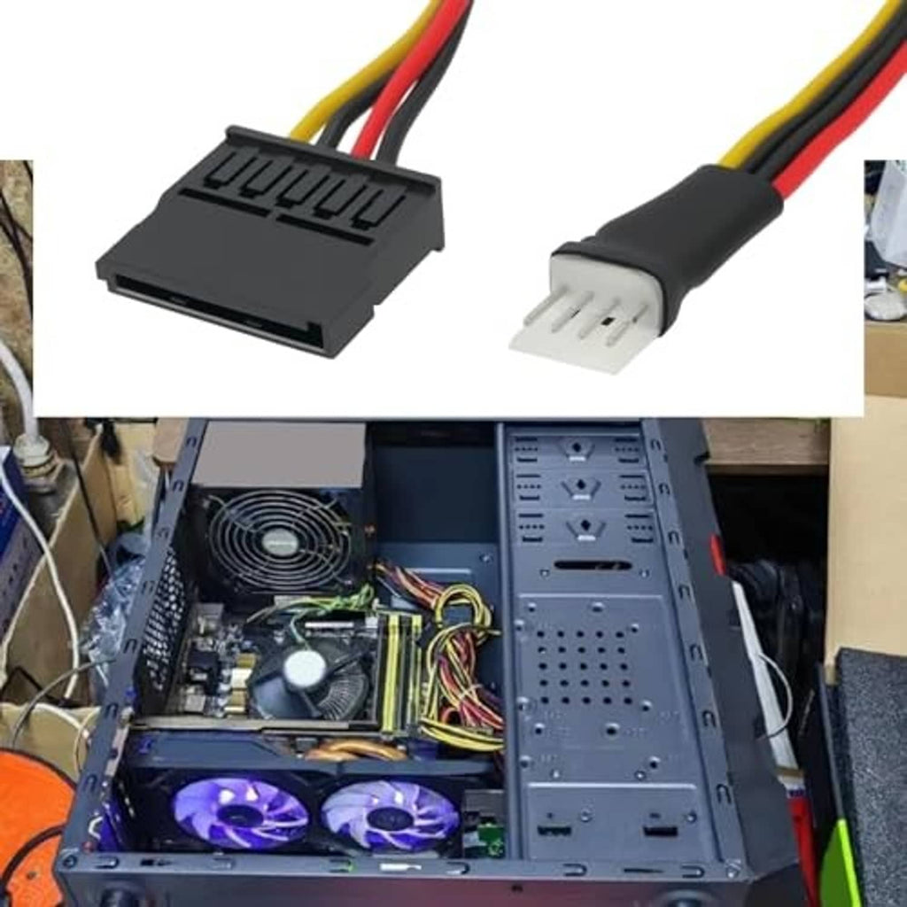 4-pin FDD male to 15-pin SATA female adapter cable, plug ends close-up