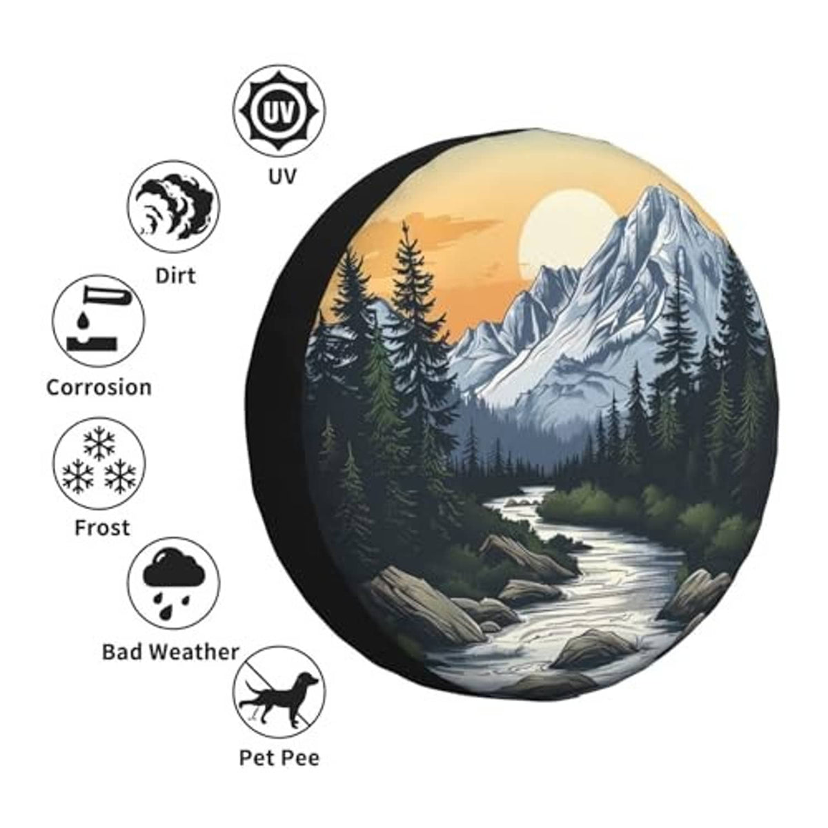 Spare tire cover weather protection icons and mountain landscape artwork