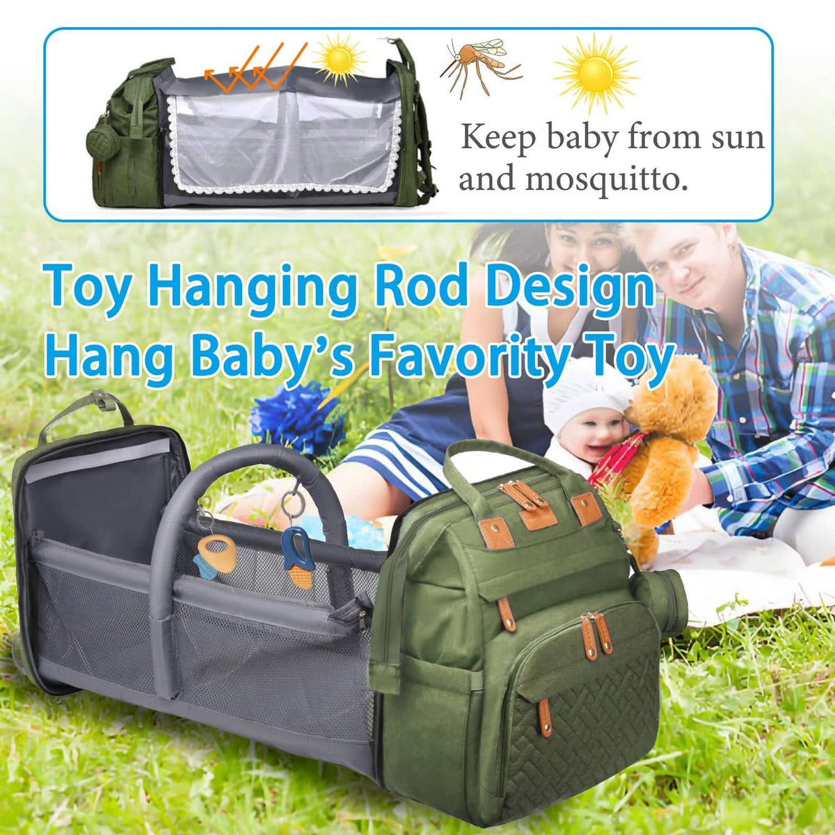 Army green diaper bag with built-in changing mat and side compartments