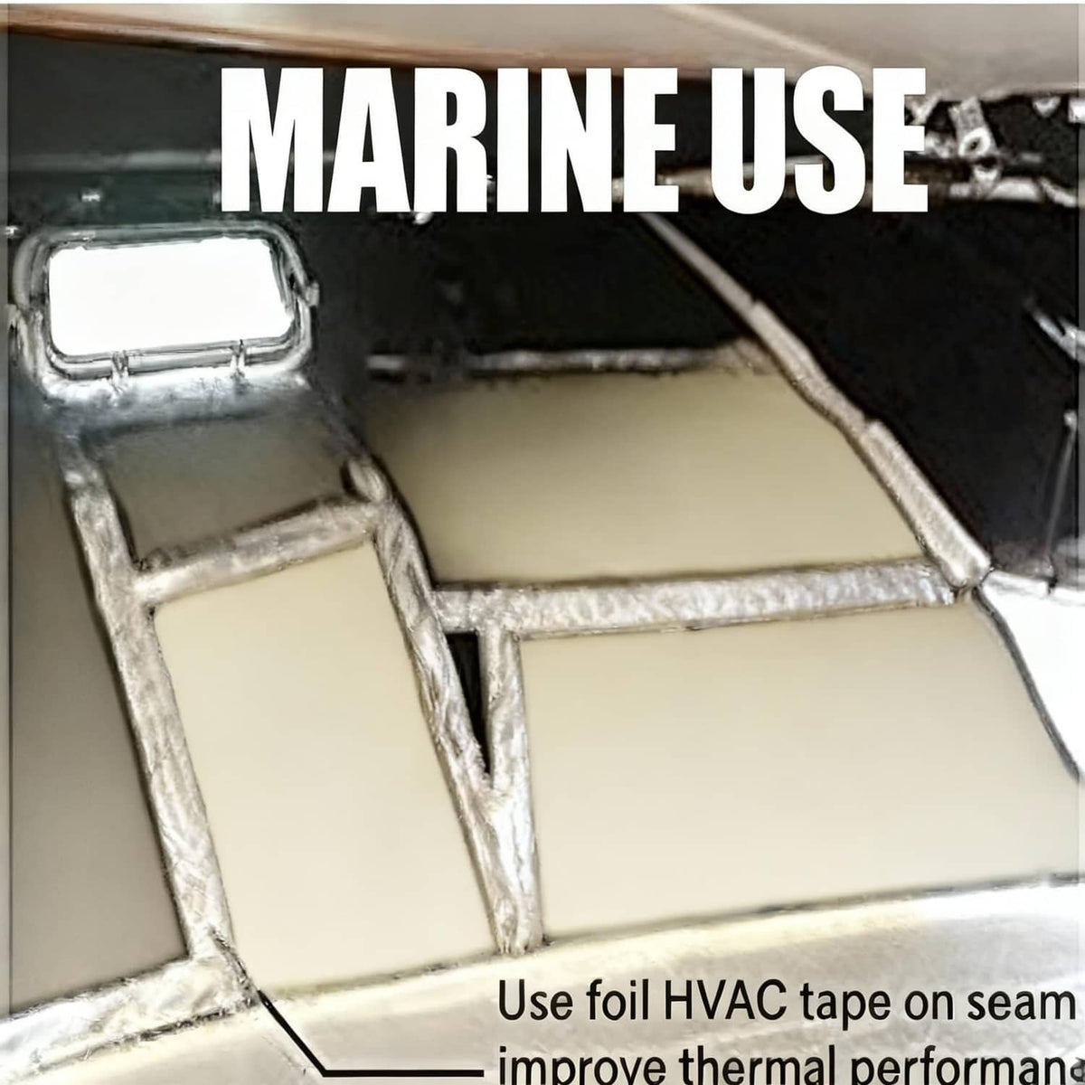Beige self-adhesive foam insulation sheet applied to metal surface with seam tape
