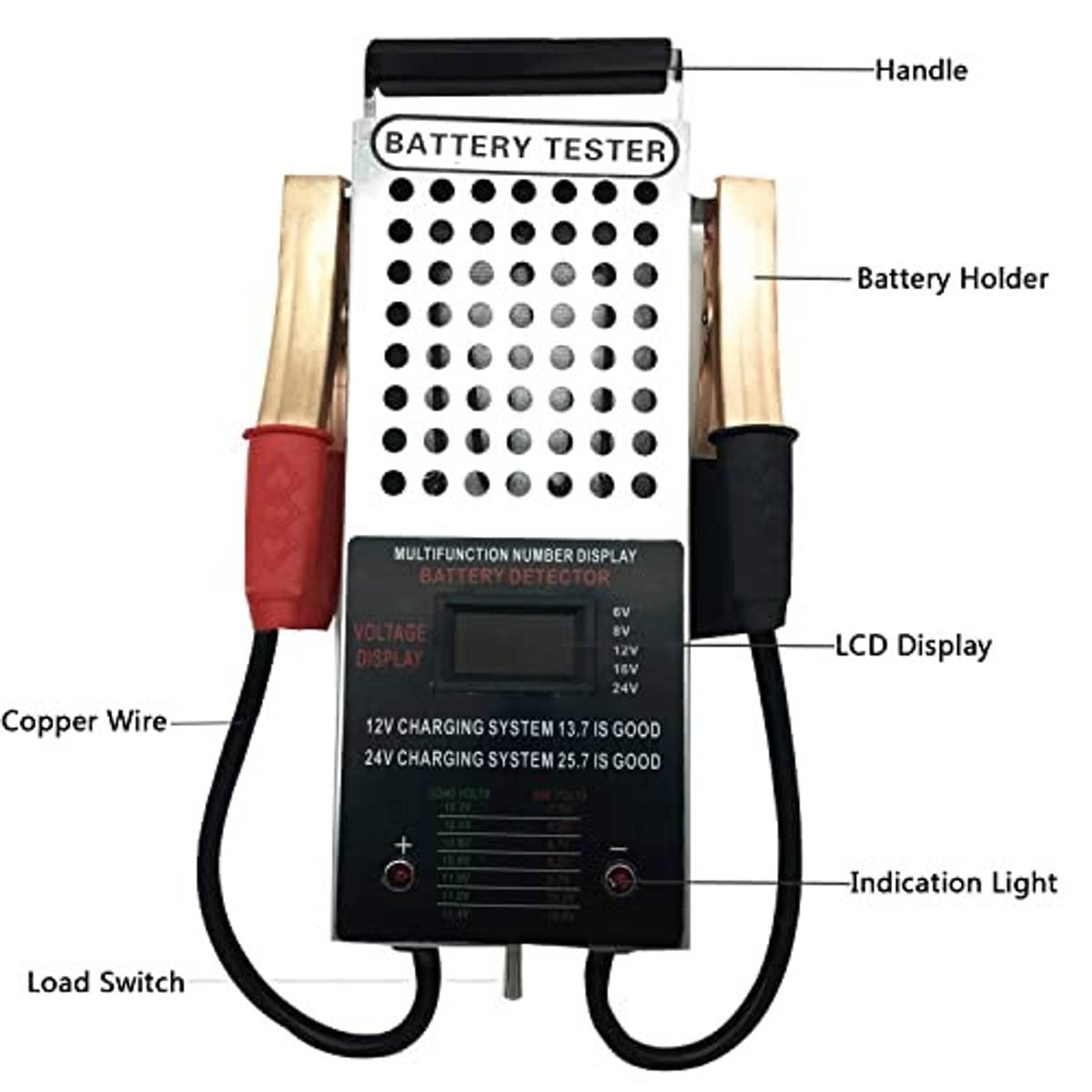 Battery load tester with labeled handle, LCD display, indication light, load switch, and leads