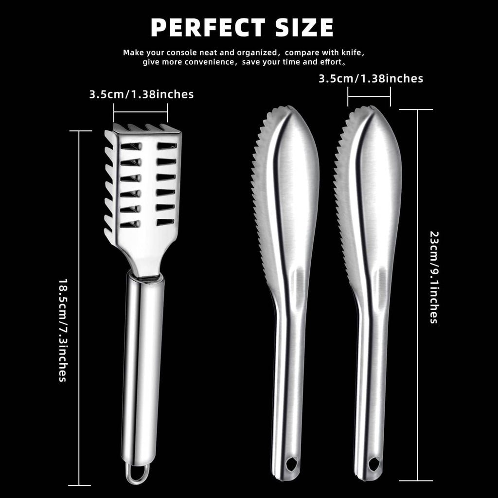3-piece stainless steel fish scaler set: brush and two curved toothed scrapers
