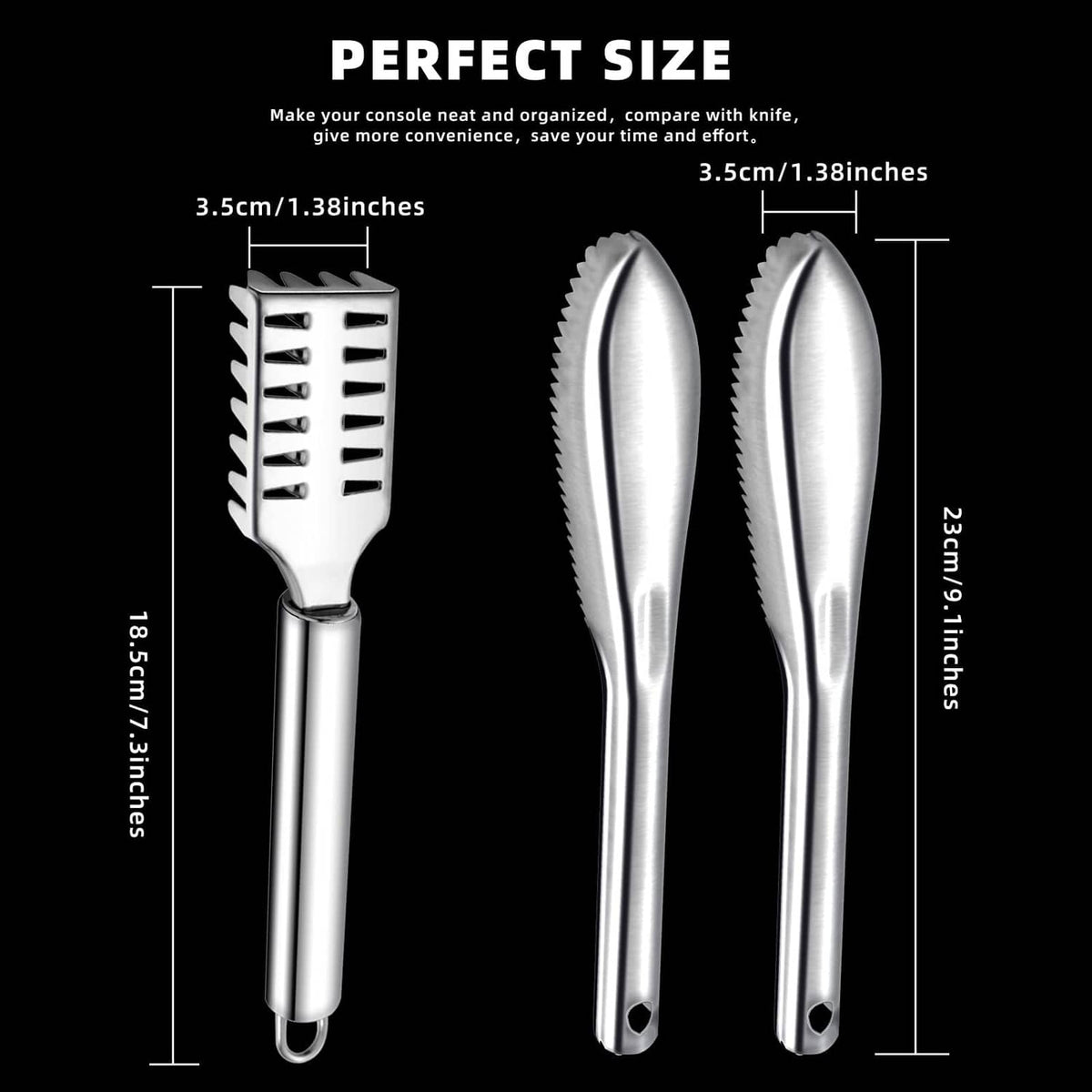 3-piece stainless steel fish scaler set: brush and two curved toothed scrapers