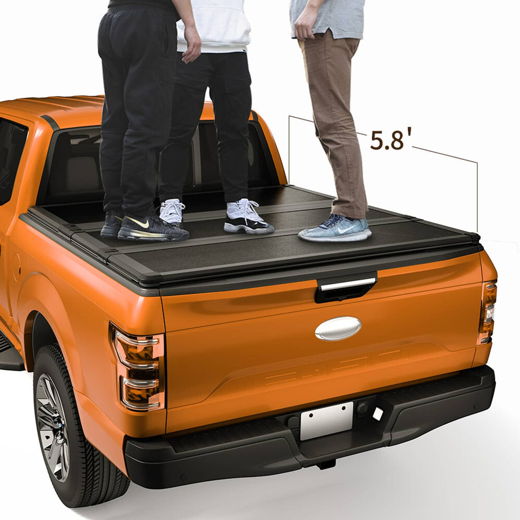 Hard tri-fold tonneau cover on 5.8 ft pickup bed, black matte finish