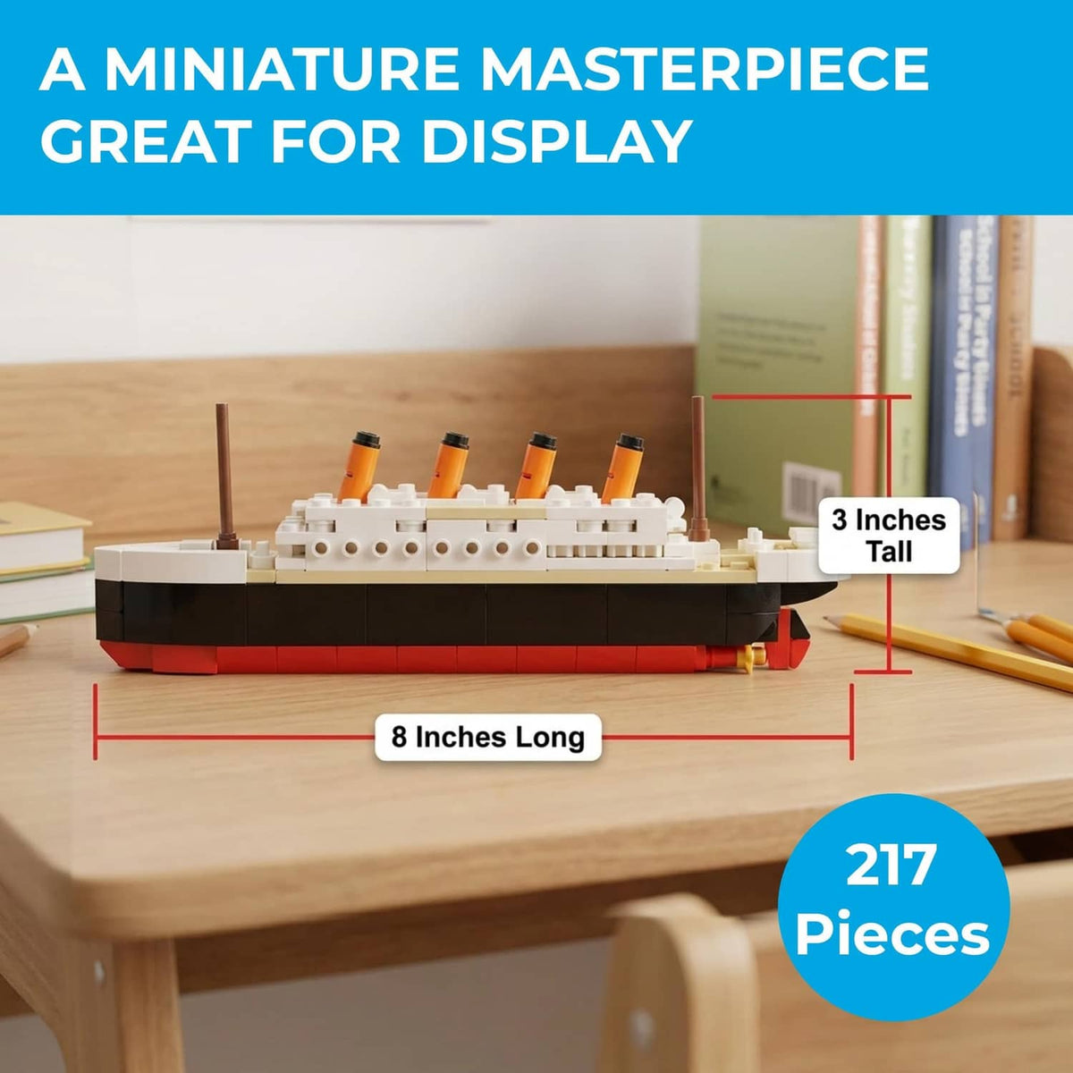Multicolor brick Titanic ship model on display, viewed from the side