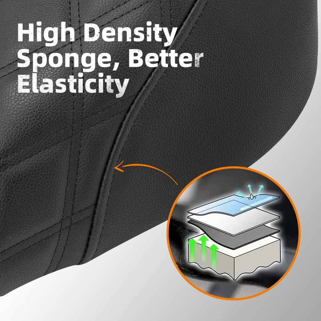 Black diamond-quilted motorcycle seat upholstery texture with stitched seam detail