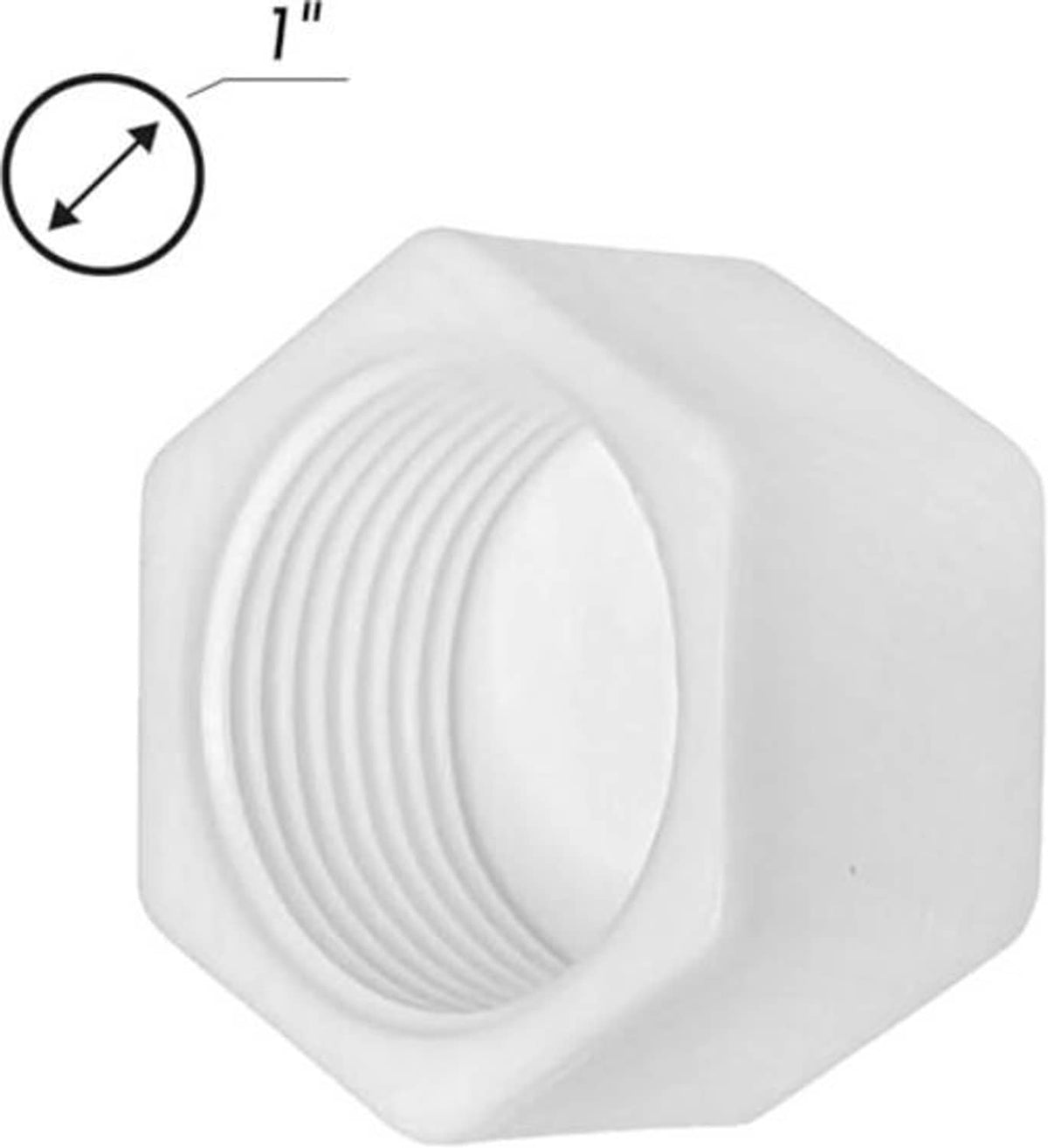 1 in white hex plastic female threaded pipe end cap with concentric thread grooves