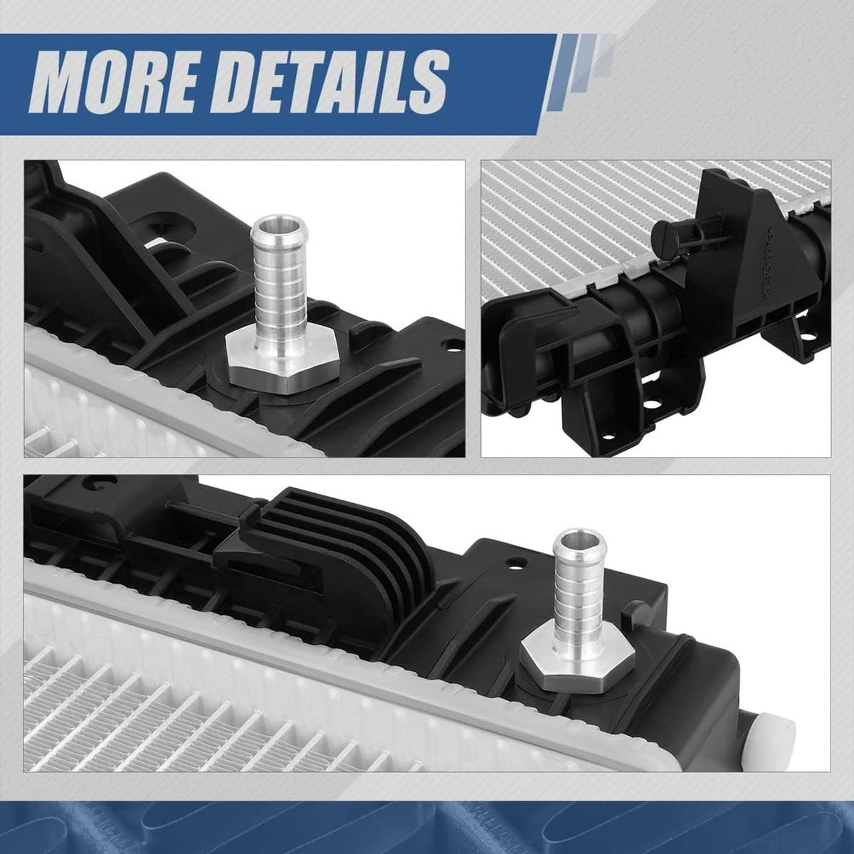Vehicle radiator with black mounting tabs and connection ports along the cooling fins
