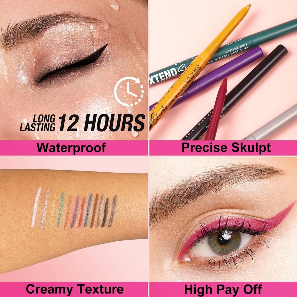 Colorful eyeliner pencils with blue swatch lines and a close-up of blue eye liner