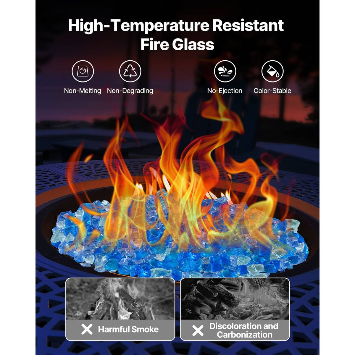Blue fire pit glass rocks with surrounding flames and smoke-reduction icons