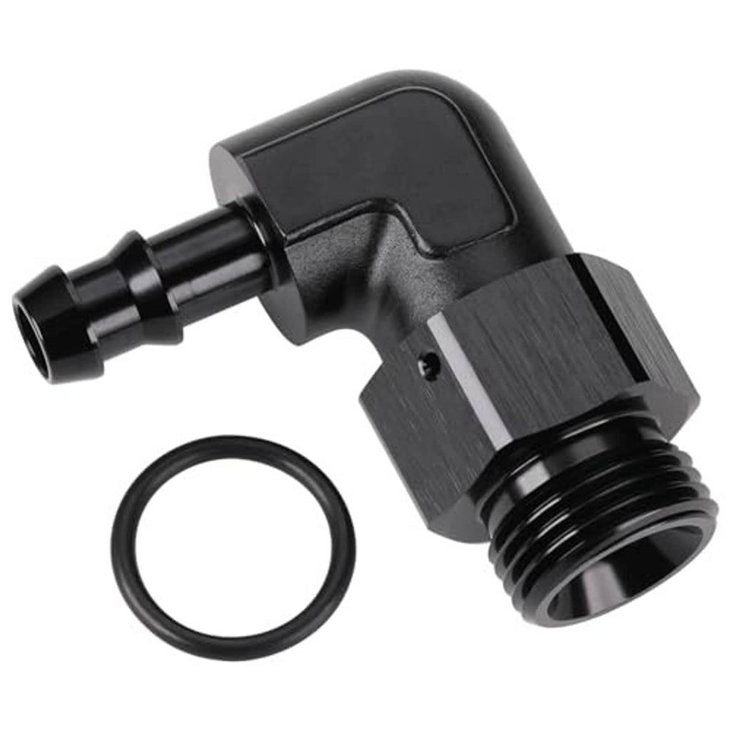 Black 90-degree hose barb adapter with metal hex sections and O-ring gasket included