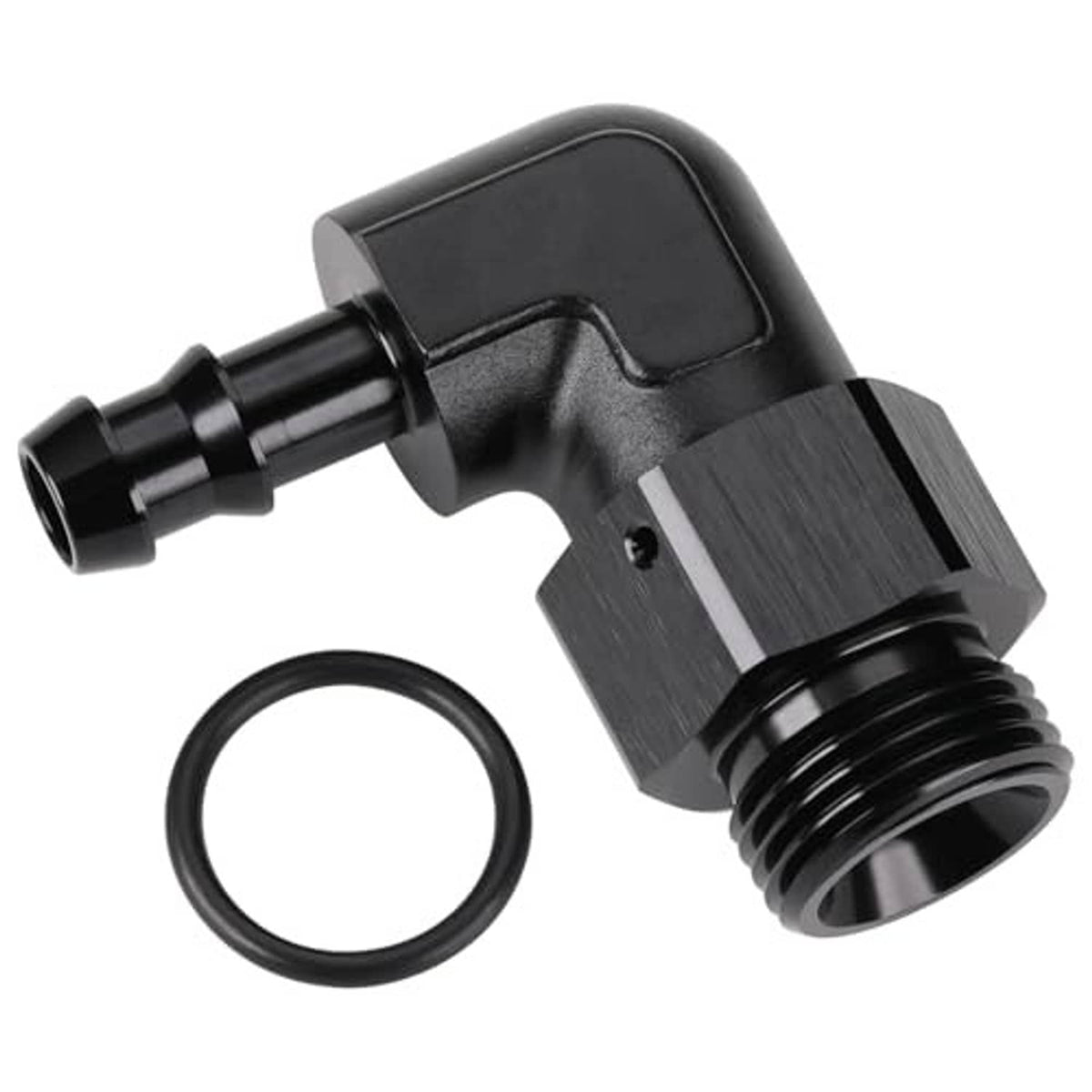 Black 90-degree hose barb adapter with metal hex sections and O-ring gasket included