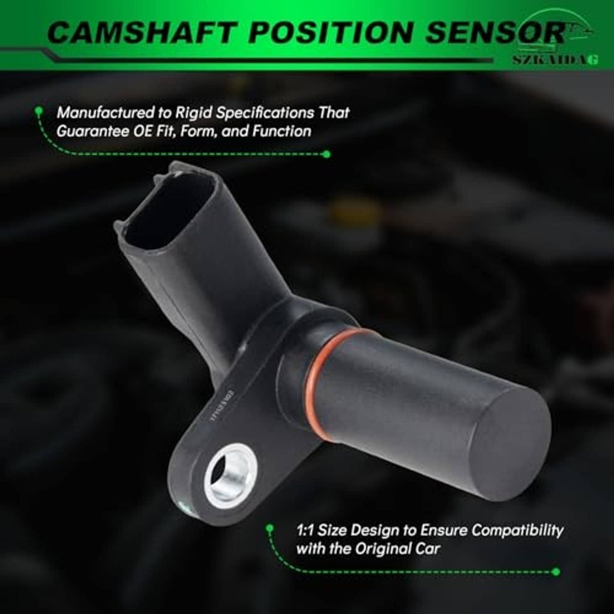 Camshaft position sensor with gray housing, orange seal band, and side mounting hole