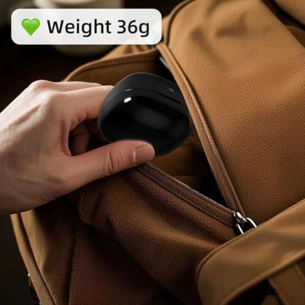 Black wireless charging case in hand, stored in a tan zip pouch