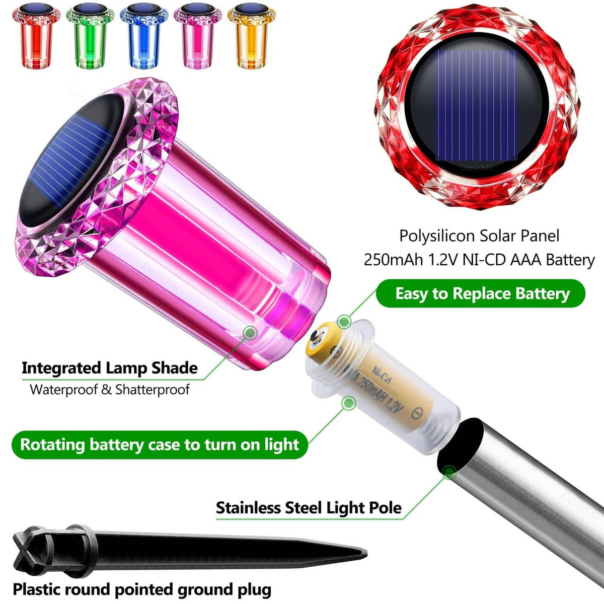 Set of solar lamp heads with colored caps, solar panel, and replaceable battery box