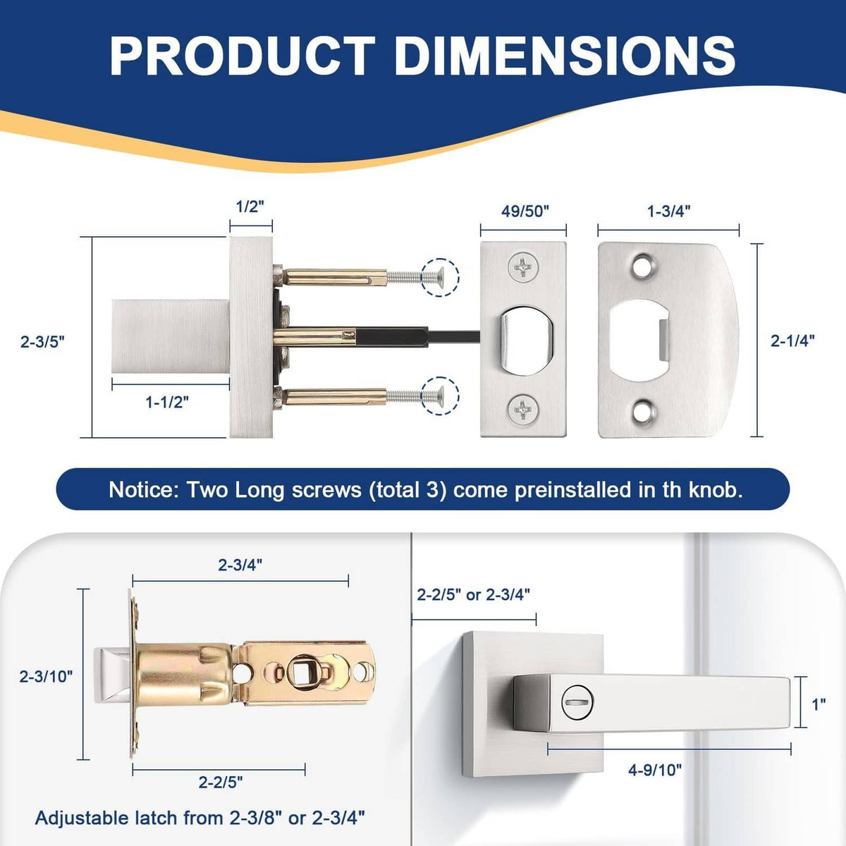 RivetOak KNOBWELL 2 Pack Modern Square Door Handle Brushed 2 Pack, Nickel