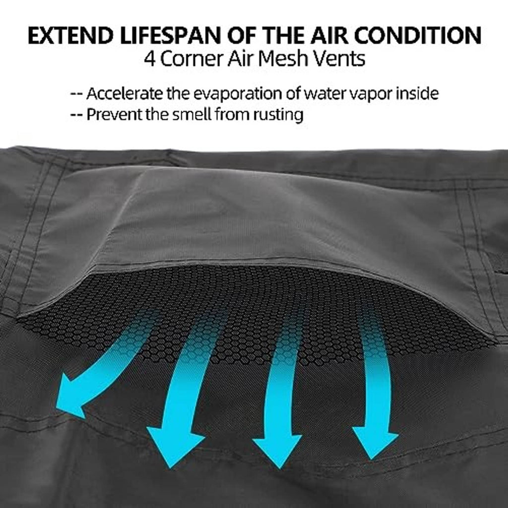 Outdoor AC cover underside with 4-corner mesh vents and airflow arrows