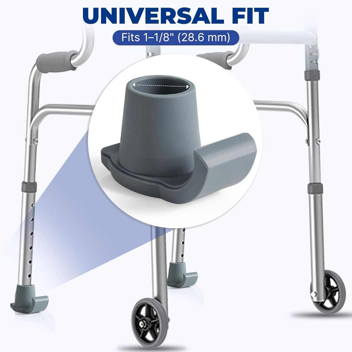 Gray snap-on ski glide caps on folding walker legs with curved runner base