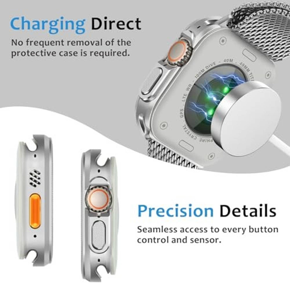 Silver metal case for Apple Watch Ultra with side cutouts, shown on mesh strap