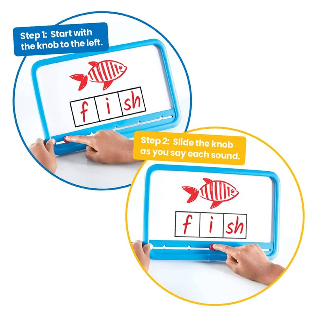 Blue magnetic dry-erase Elkonin board with fish word segments and sliding knob