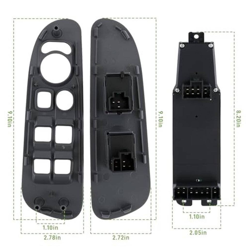 Black window switch bezel with connector plugs, front and rear views