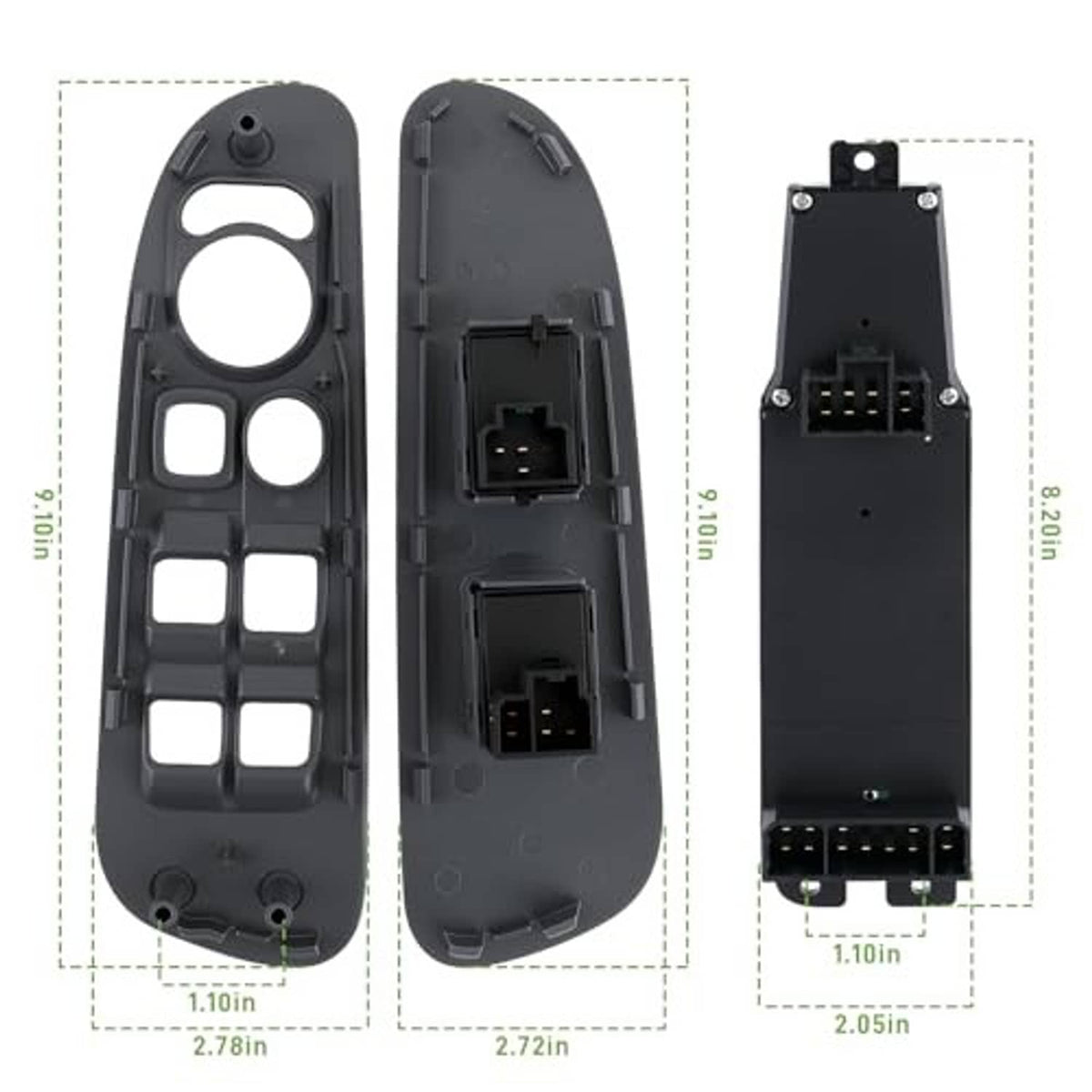 Black window switch bezel with connector plugs, front and rear views