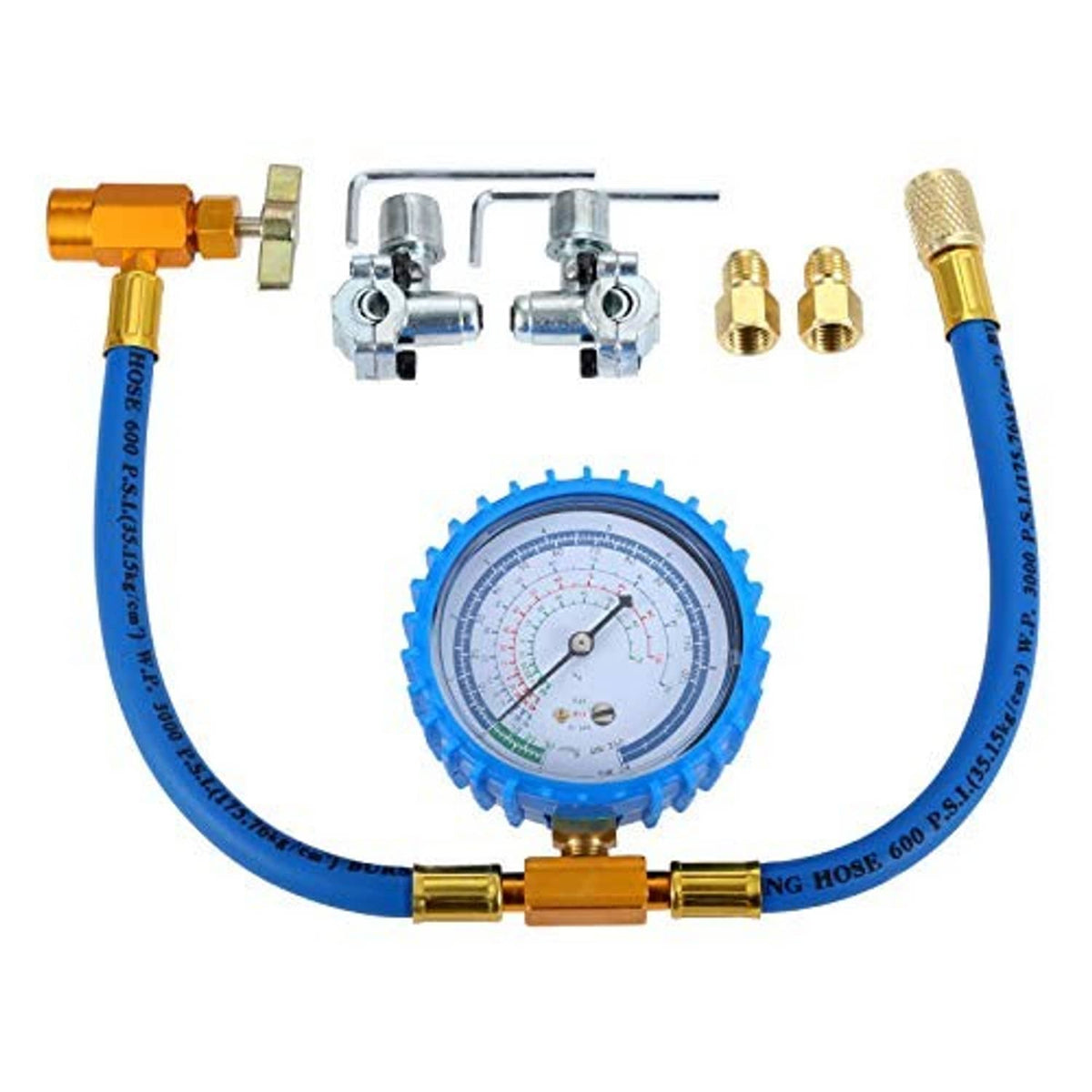 Refrigerant charging hose kit with blue hose, pressure gauge, and brass connector parts