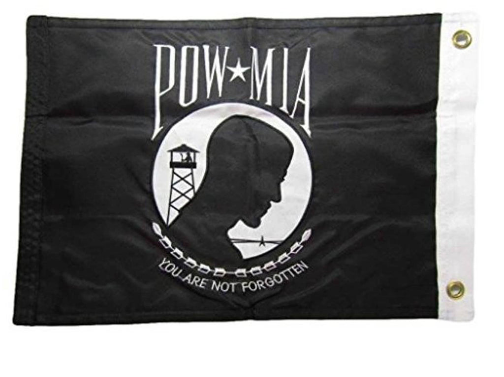 Black POW*MIA embroidered nylon banner with white emblem and top gold grommets