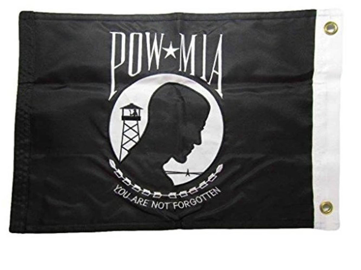 Black POW*MIA embroidered nylon banner with white emblem and top gold grommets