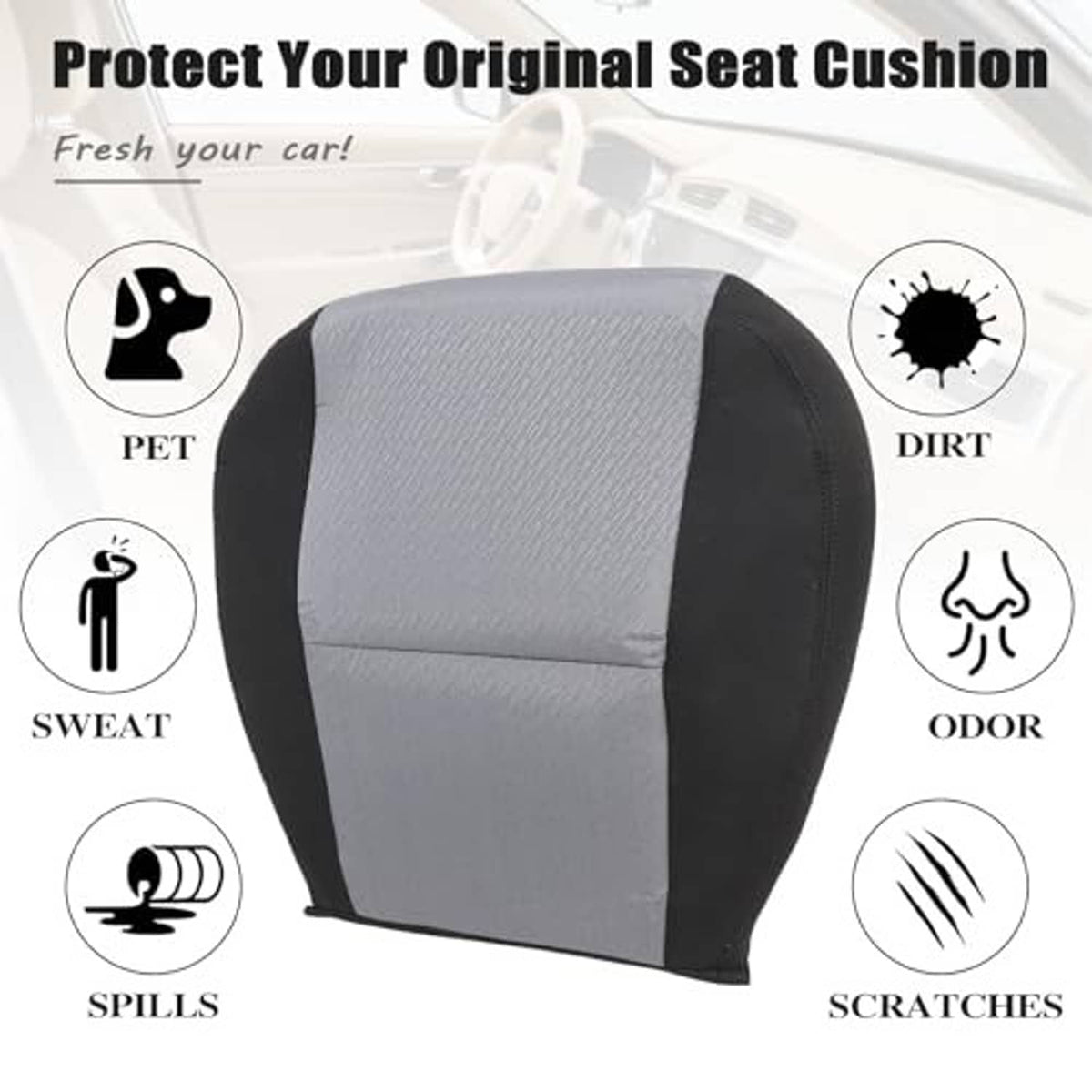 Gray and black cloth seat cushion cover with padded center and curved back shape.