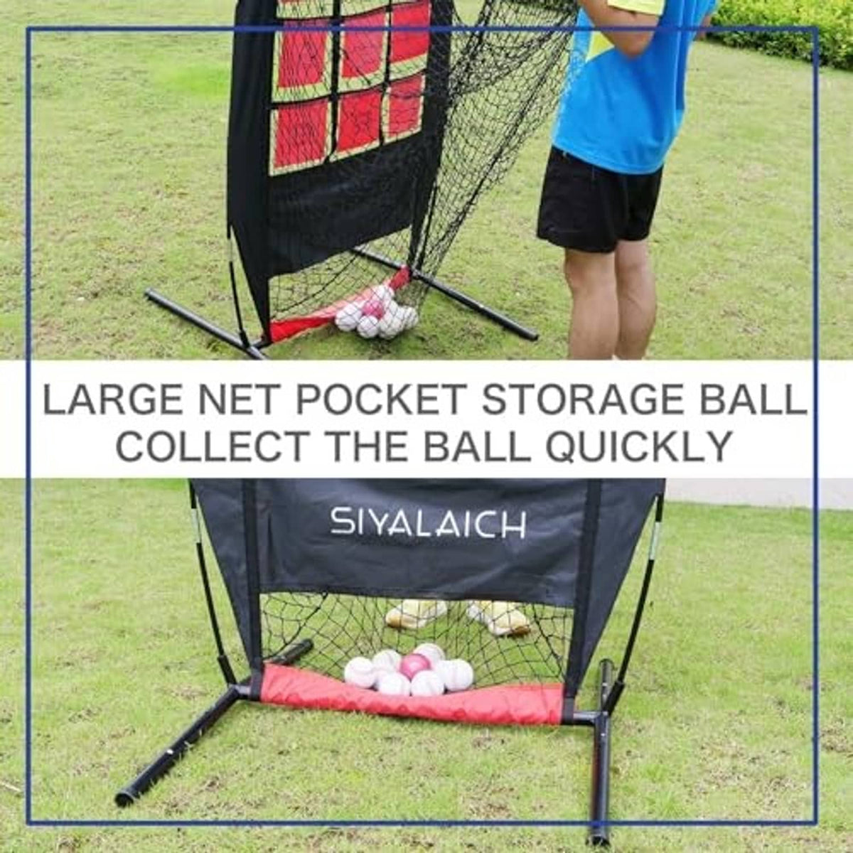 Pitching target net with open bottom pocket for storing balls, black with red trim