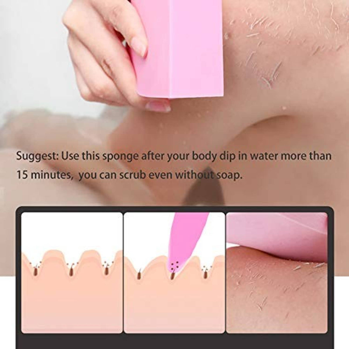 Pink exfoliating bath sponge scrubbing skin in the shower
