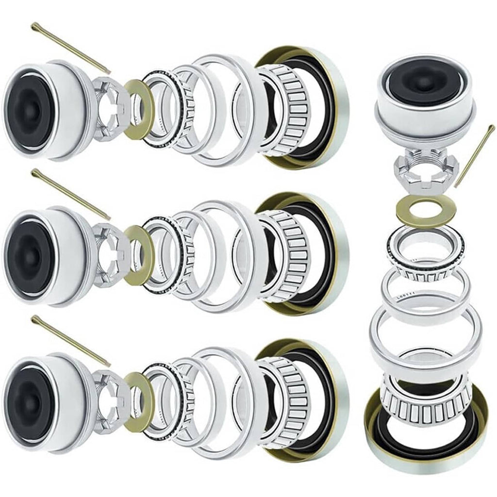 Boat trailer wheel axle bearing seal kit with bearings, seals, washers, and pins