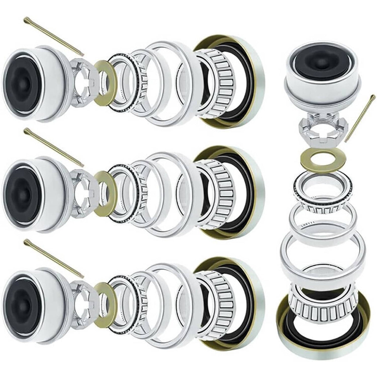 Boat trailer wheel axle bearing seal kit with bearings, seals, washers, and pins