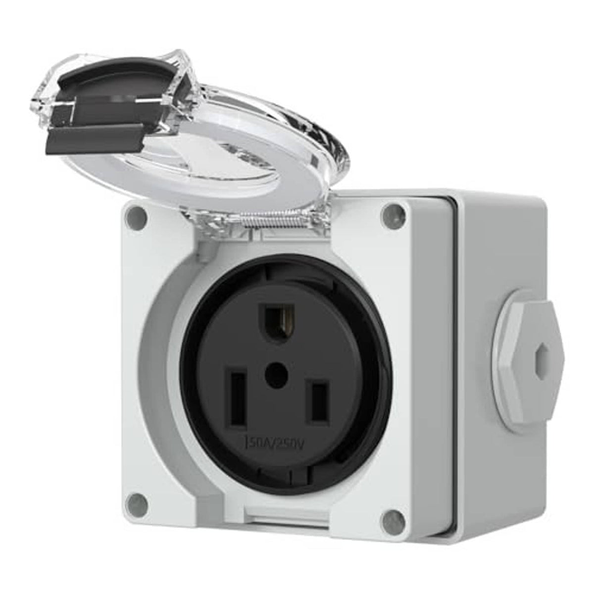 Gray NEMA 6-50R receptacle outlet box with closed clear hinged cover
