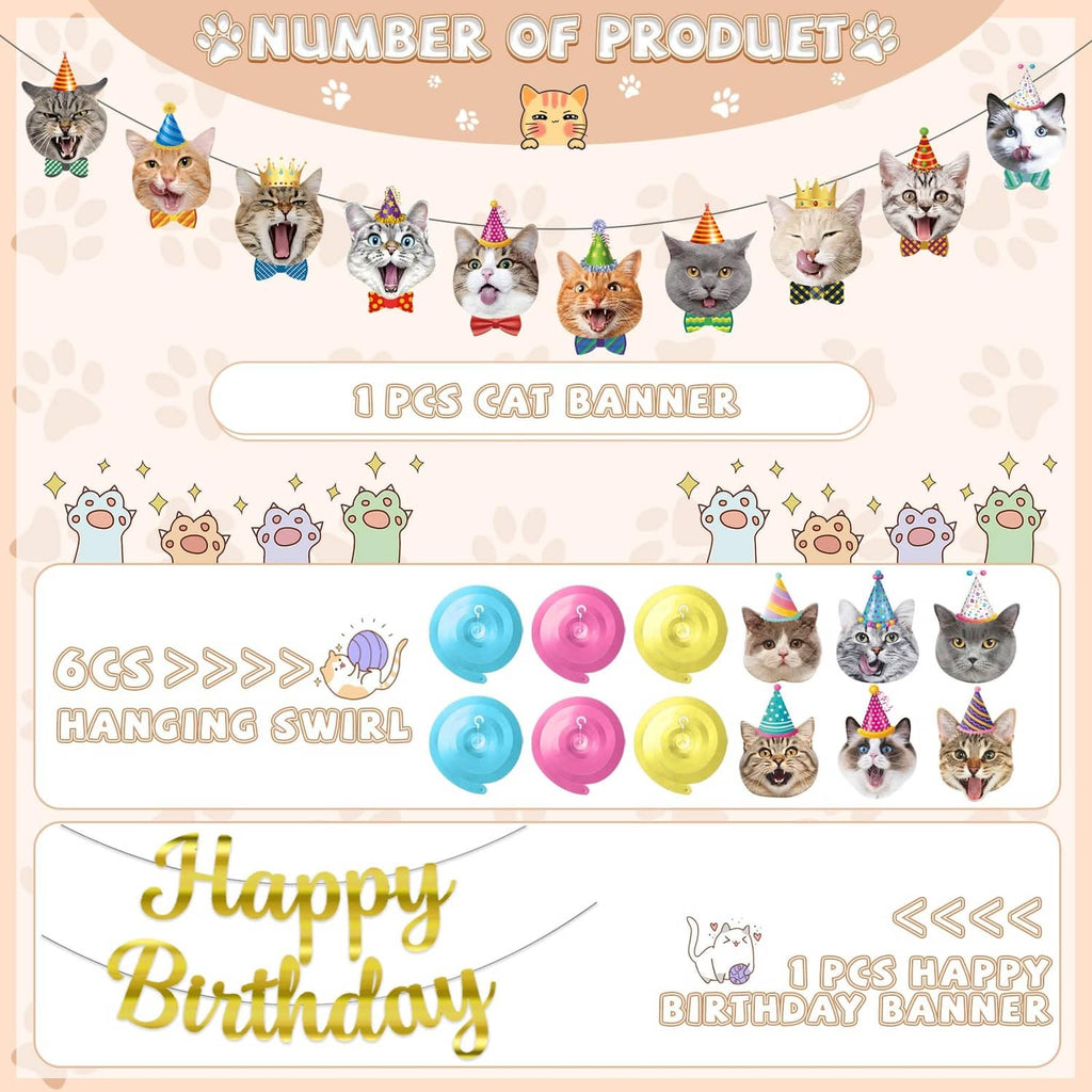 Cat-themed birthday banner layout with hanging swirls and cat face decorations