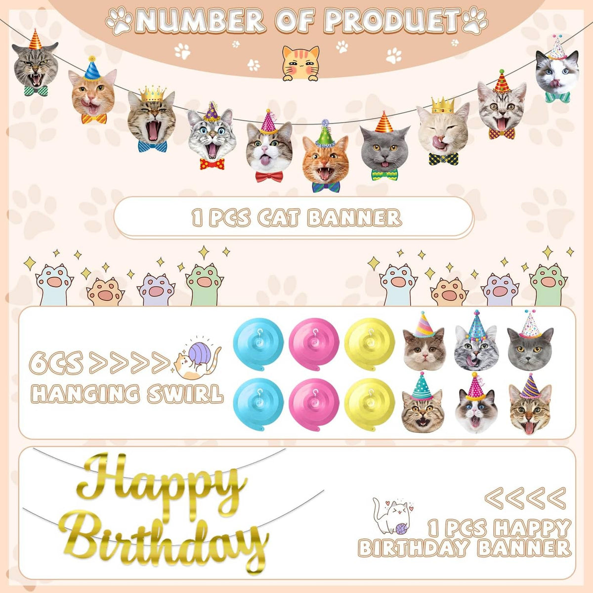 Cat-themed birthday banner layout with hanging swirls and cat face decorations