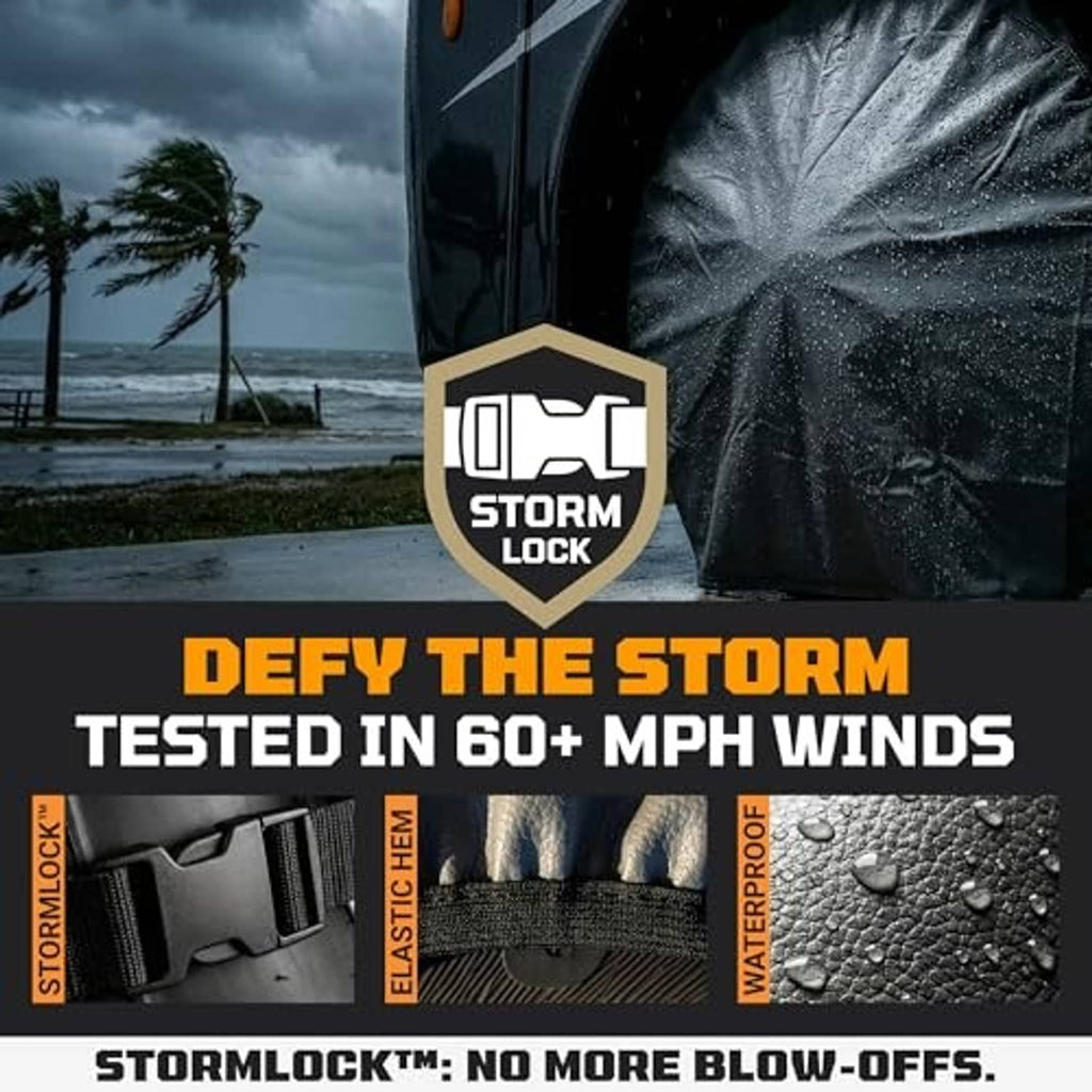 StormLock tire cover shown with storm shield icon and rain protection graphic