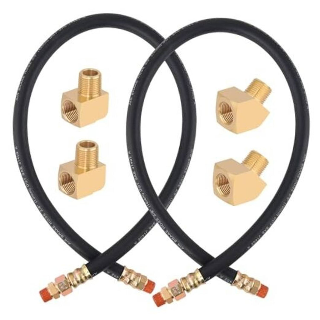 Pair of black air brake hoses with brass T-style fittings and red seal bands