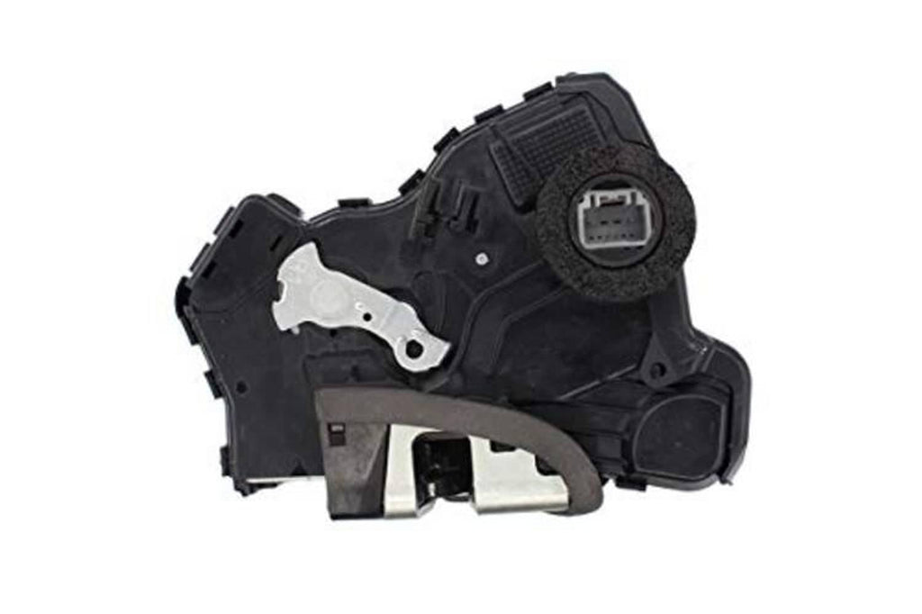 Power door lock actuator with black housing and exposed silver parts, angled view