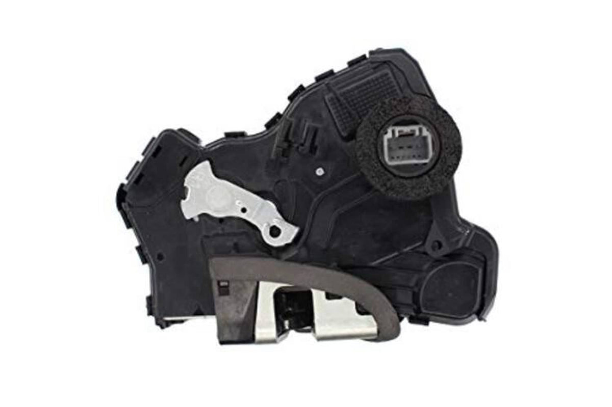 Power door lock actuator with black housing and exposed silver parts, angled view