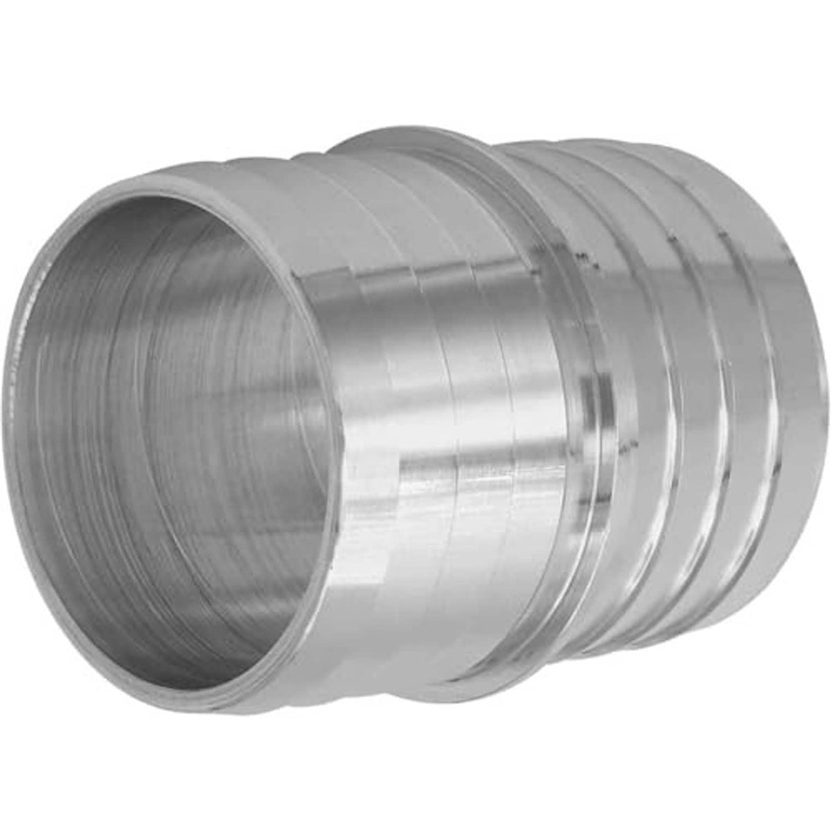 Stainless steel hose barb splice coupler adapter angled view of barbed ends