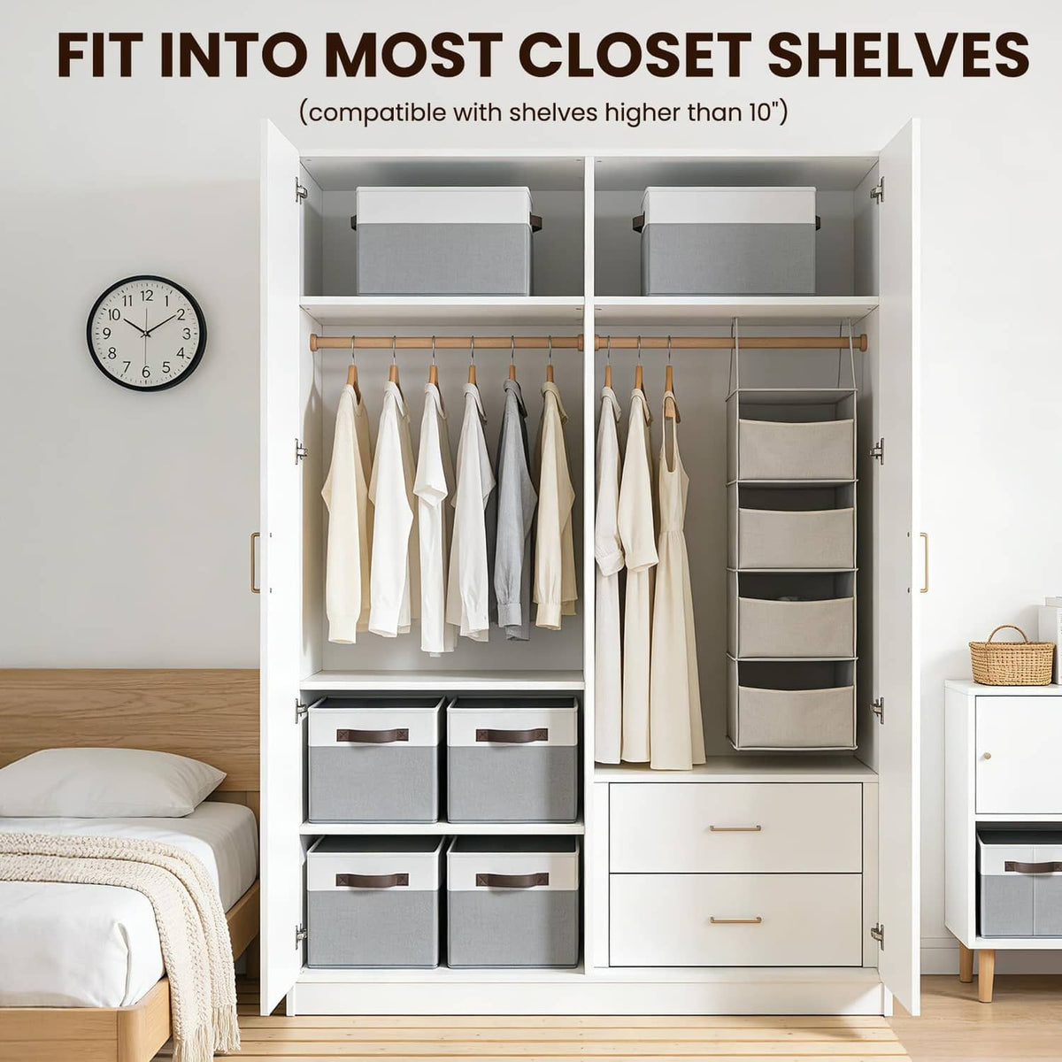 Rectangular storage bins in a closet shelf, gray fronts with white panels and handles