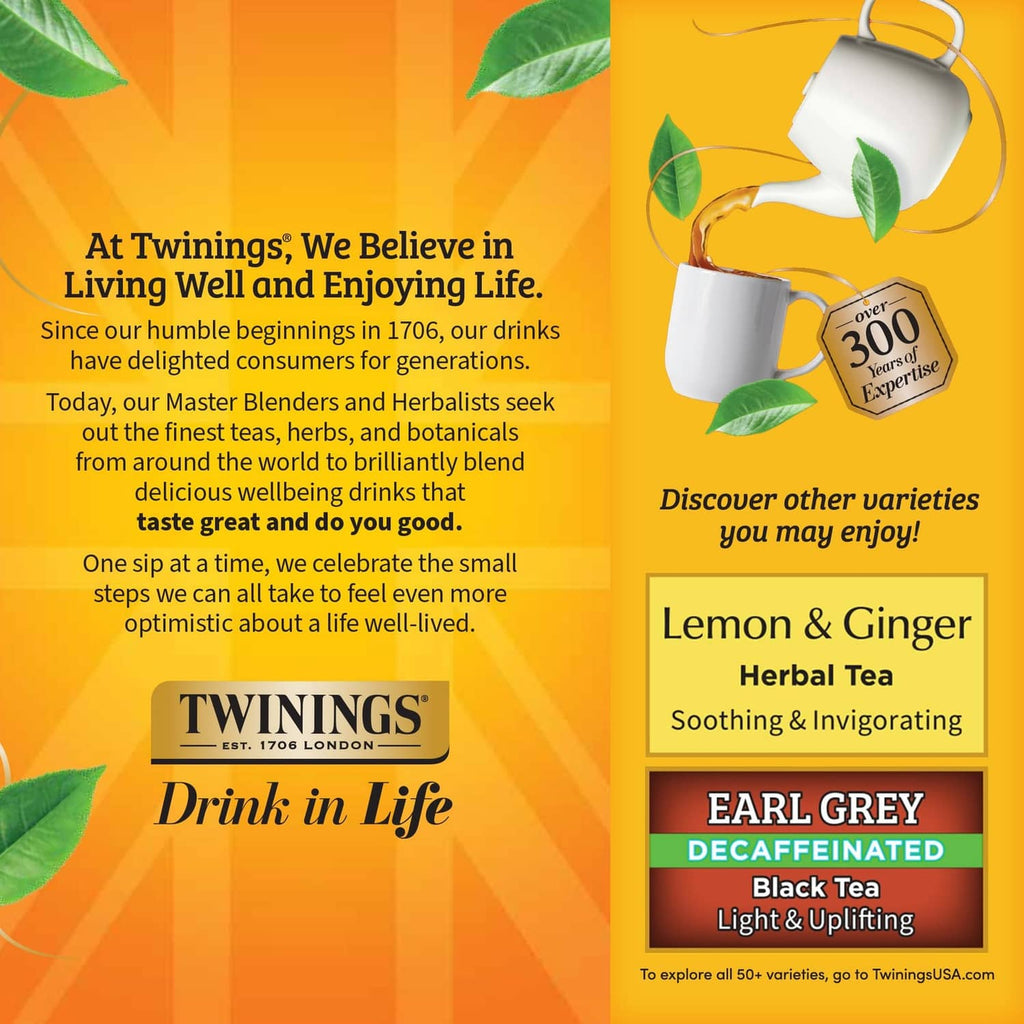 Twinings tea variety panel featuring Lady Grey decaffeinated and Earl Grey decaf