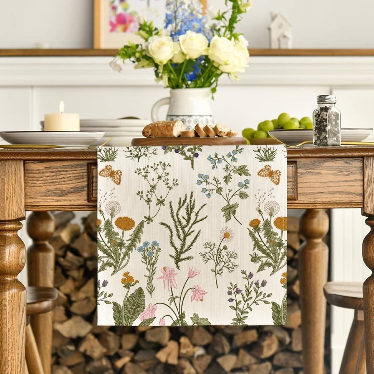 Wildflower table runner with butterflies, laid across a dining table
