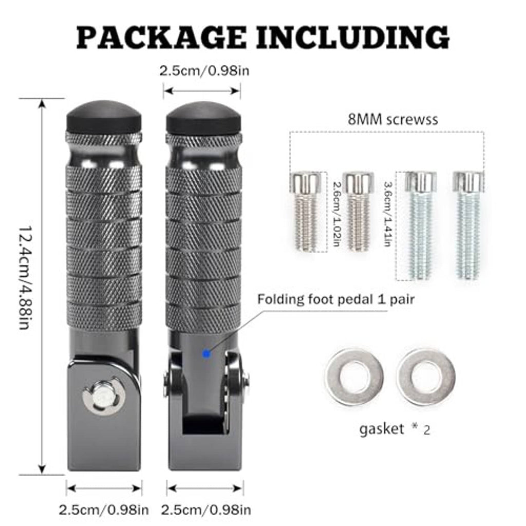Package contents: pair of foldable foot pegs with 8mm screws and two gaskets.