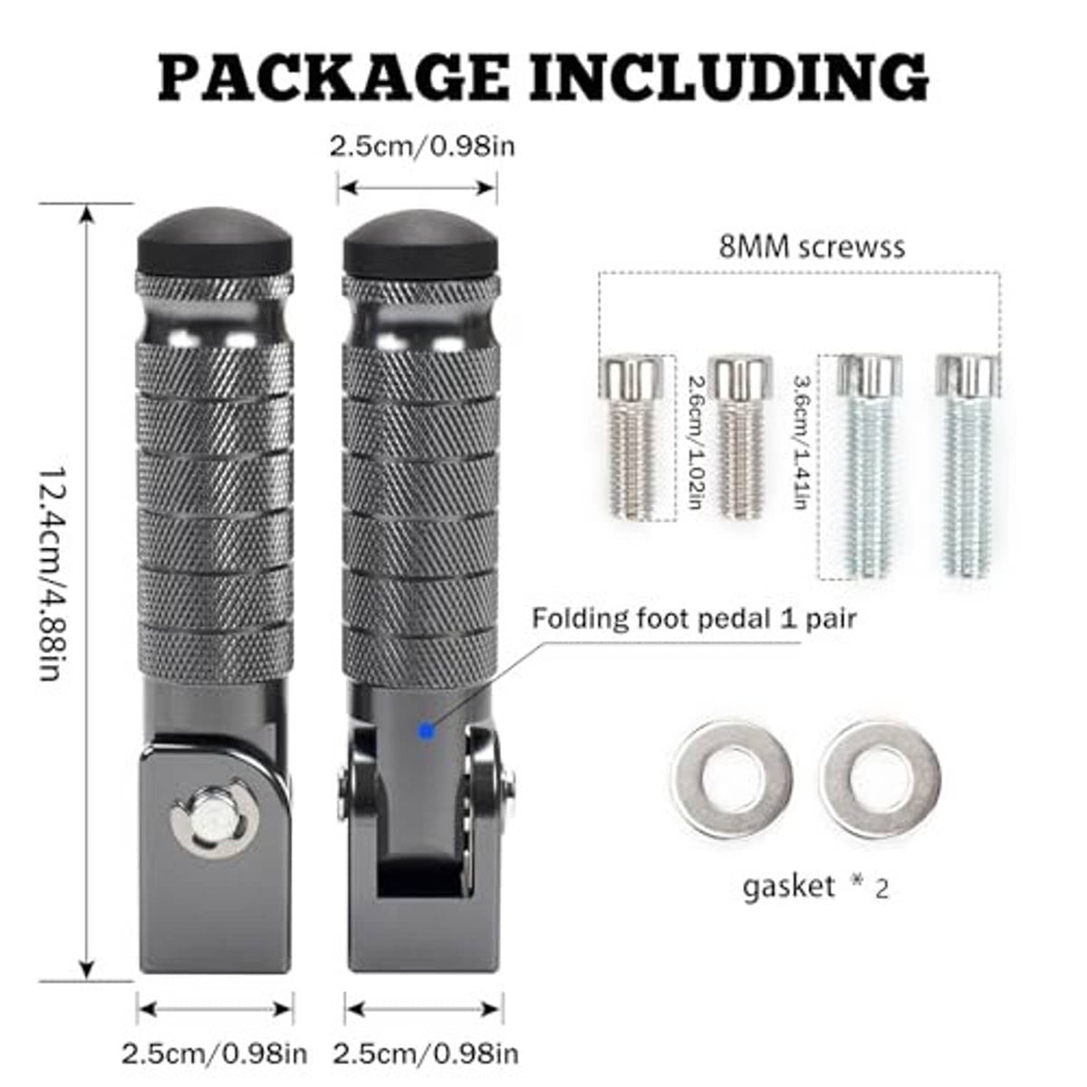 Package contents: pair of foldable foot pegs with 8mm screws and two gaskets.
