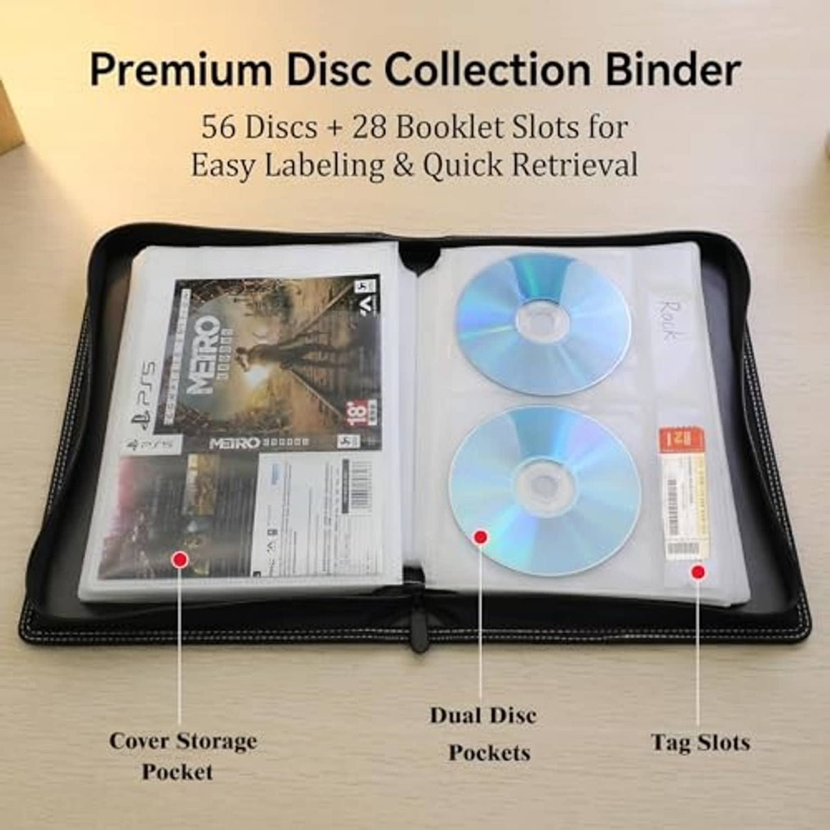 Black CD/DVD binder open, dual-disc pockets and cover storage pocket for booklets