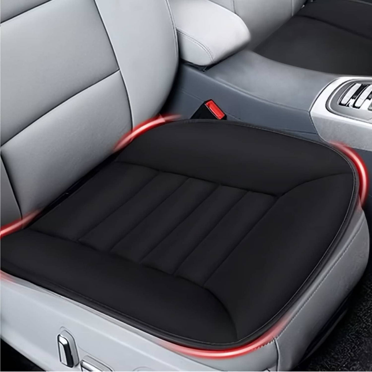Black memory foam car seat cushion with quilted channels and red trim edging