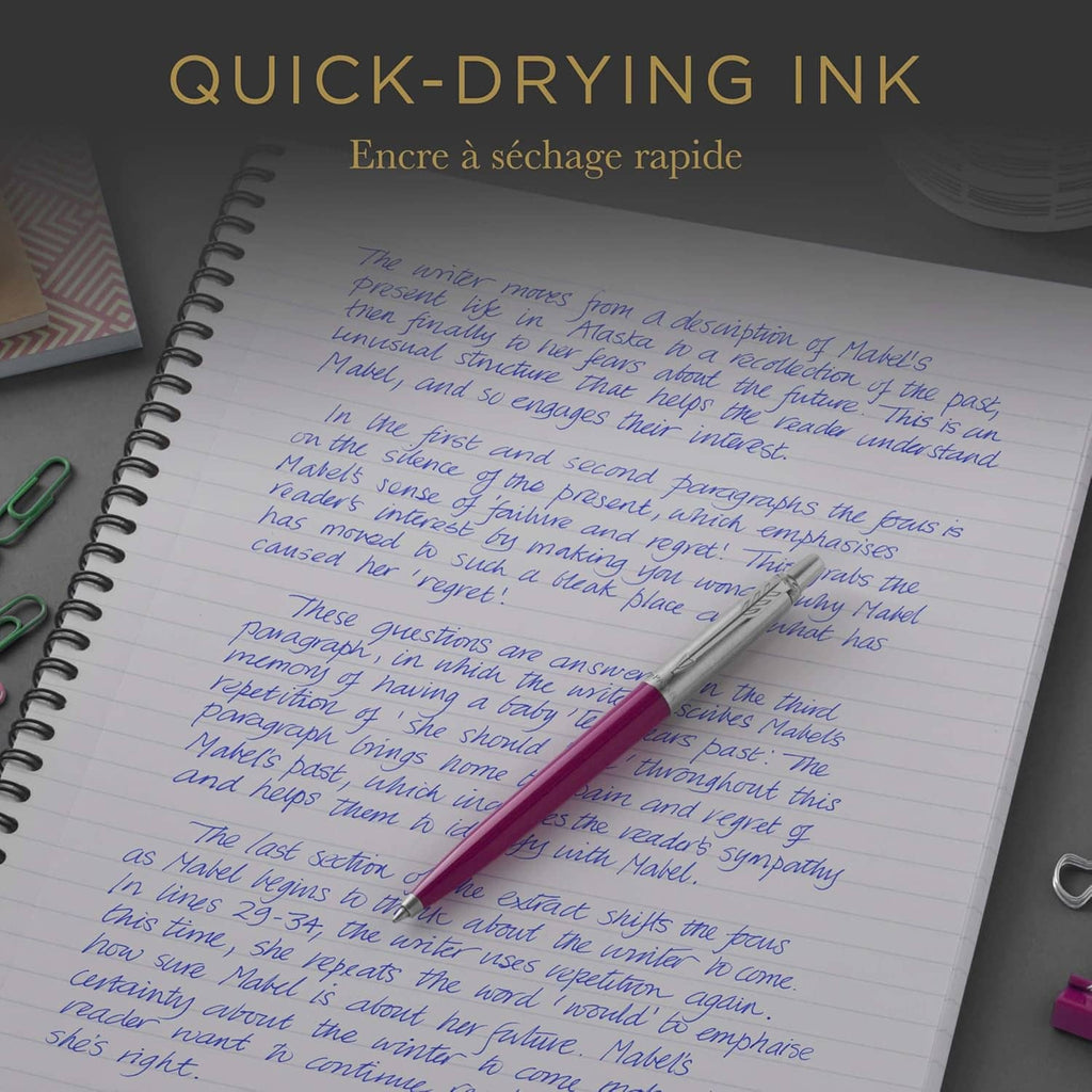 Gel ink pen refill with blue ink on notebook page, quick-drying smooth writing